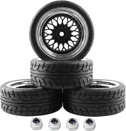 4PCS 12mm Hex Hub RC Cars Wheels and Tires,62mm On Road Touring Rubber Racing Rally Tires Set for 1:10 1:16 1:18 XV01 TT01 TT02B HSP 94122 94123 94103 3850 3851 FW06 16889 RC Cars(Black)